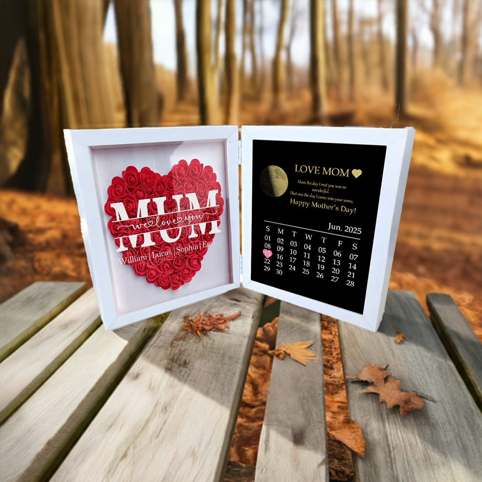 Custom Real Moon Phase Heart Flower Shadow Box Personalised Names Mom We Love You Flower Frame Calendar Unique Gift for Mother