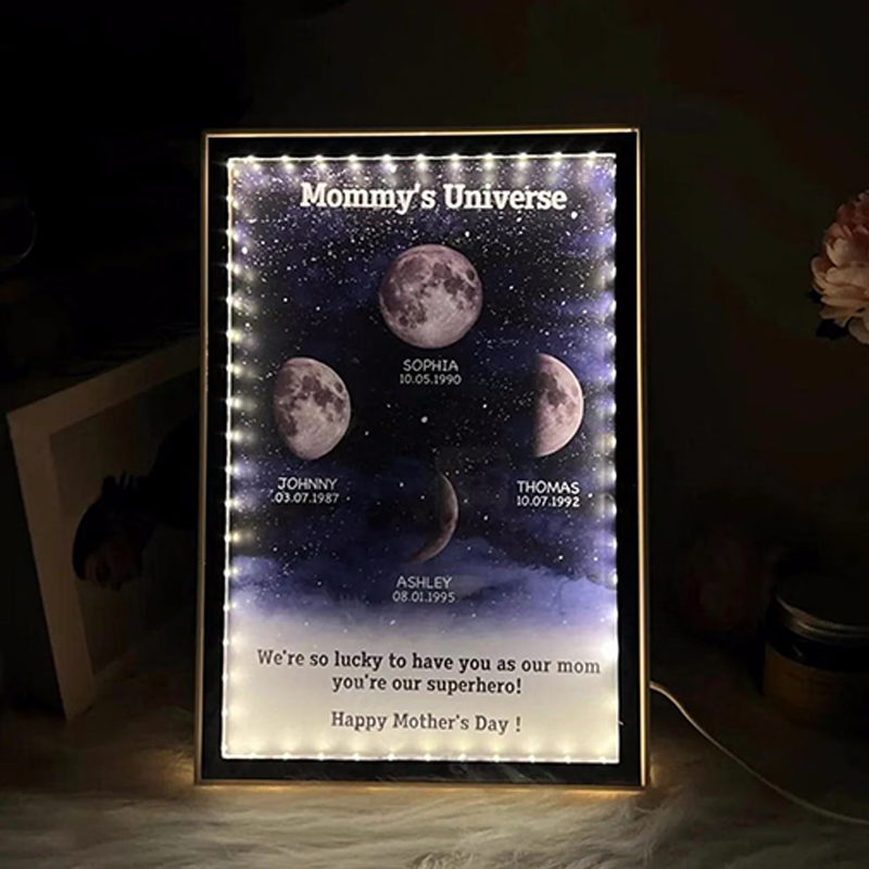 Custom Birth Moon Phase Mirror Light Mommy's Universe Personalised Moons Phase with Kids Names LED Night Light Box Mother’s Day Gifts