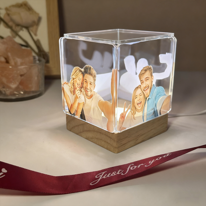 Custom Collage Photo Cube Night Light Box Lamp with Your Picture and Text Wooden Base Christmas Gifts