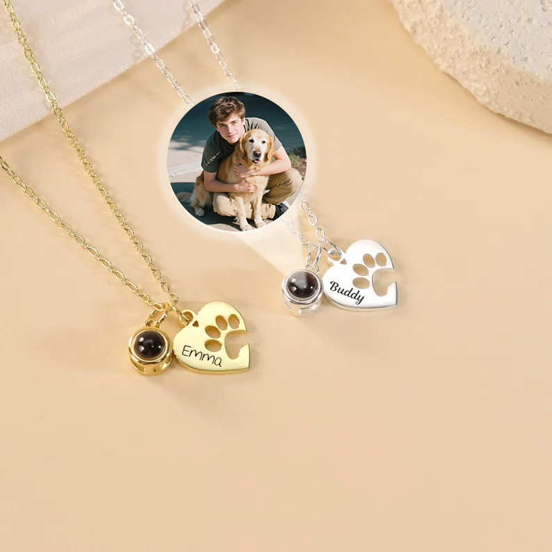 Paw Name Projection Necklace with Heart Projection Photo Necklace Customized Picture Inside Jewelry Pet Memorial Gift