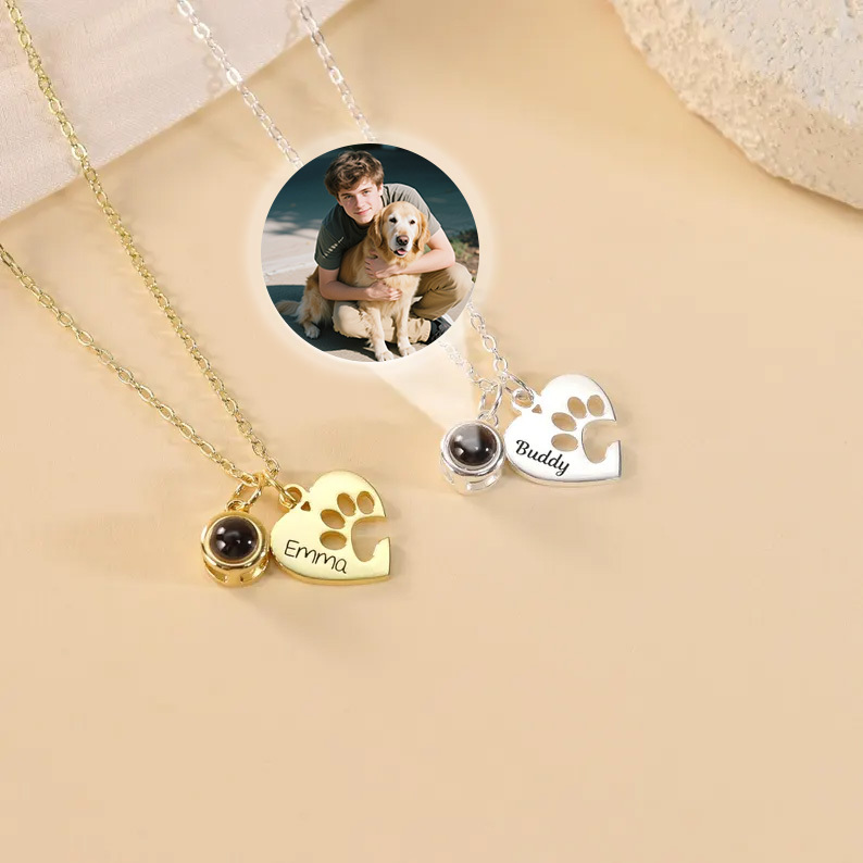 Paw Name Projection Necklace with Heart Projection Photo Necklace Customized Picture Inside Jewelry Pet Memorial Gift