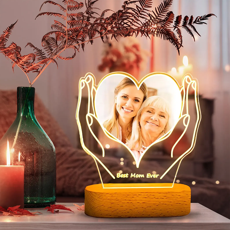 Custom Photo and Text Heart on Hands Night Light Mother's Day Gifts