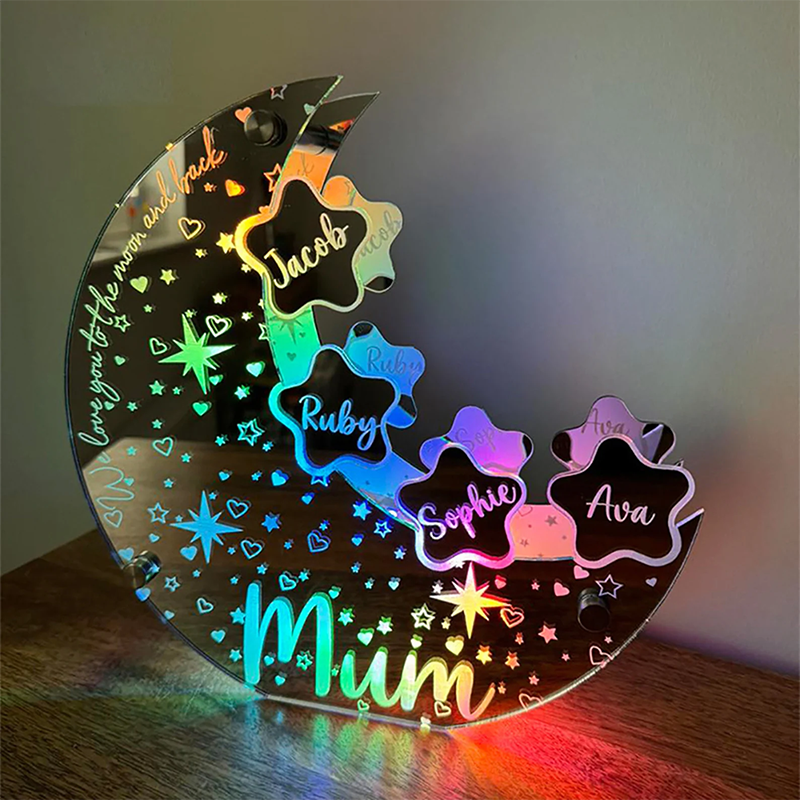 Personalised Acrylic Moon Sign Lamp for Mom Custom Moon Mirror Light Stars with Family Names Mother's Day Gift