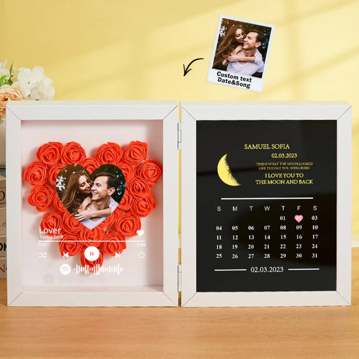 Personalised Photo Flower Shadow Box with Real Moon Phase Music Box Plays Music Anniversary Gift for Her