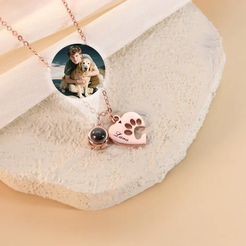 Paw Name Projection Necklace with Heart Projection Photo Necklace Customized Picture Inside Jewelry Pet Memorial Gift