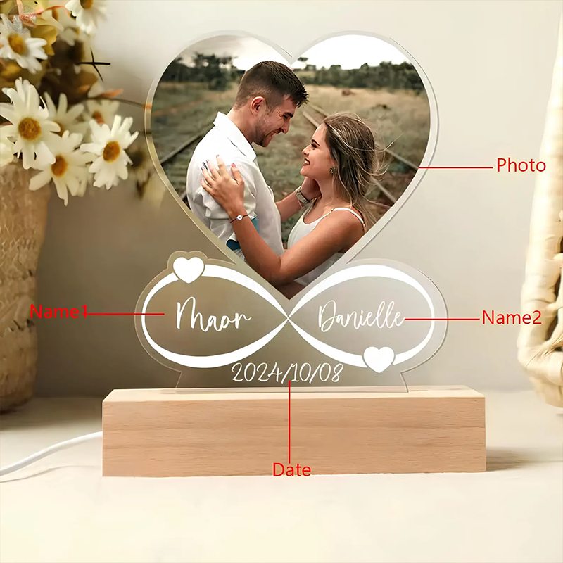 Personalised Heart Photo Lamp Infinity Love Night Light with Names Christmas Gift for Couples