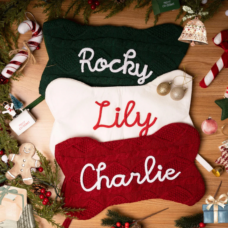Personalised Name Hand Embroidered Dog Bone Knitted Pet Stockings Bone Shaped Christmas Gifts for Family