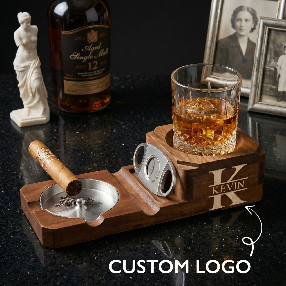 Personalised Cigar Ashtray Walnut Box Whiskey Glass Ashtray Cigar Holder Engraved Wood Gifts for Dad
