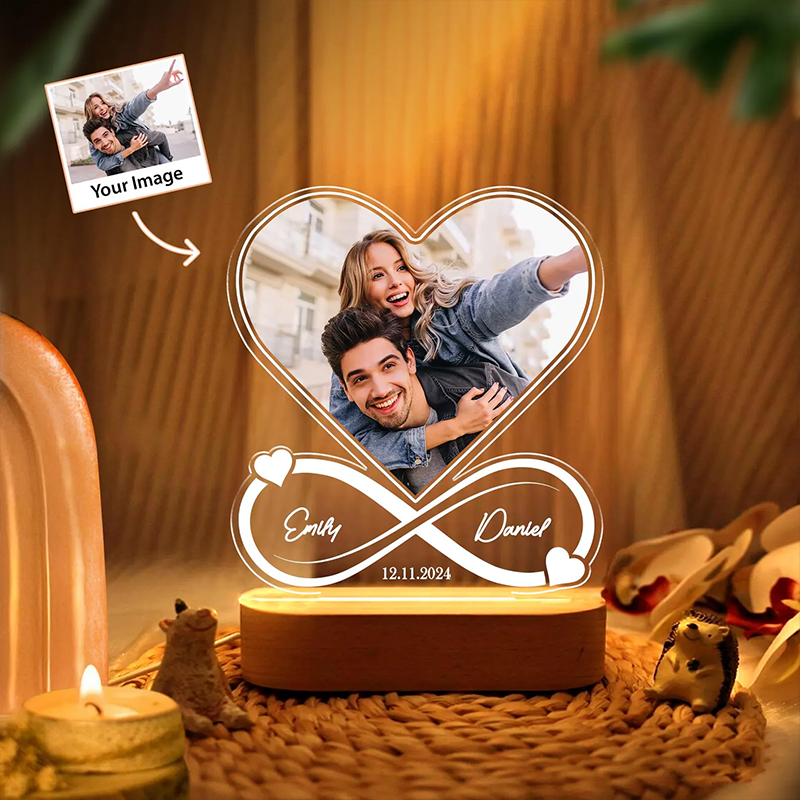 Personalised Heart Photo Lamp Infinity Love Night Light with Names Christmas Gift for Couples