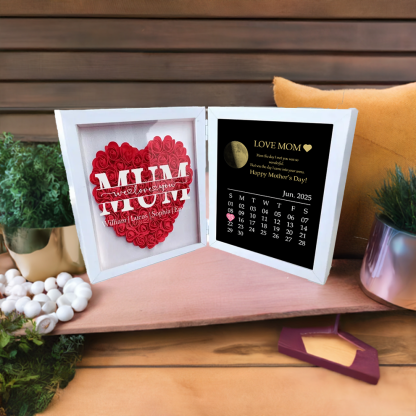 Custom Real Moon Phase Heart Flower Shadow Box Personalised Names Mom We Love You Flower Frame Calendar Unique Gift for Mother