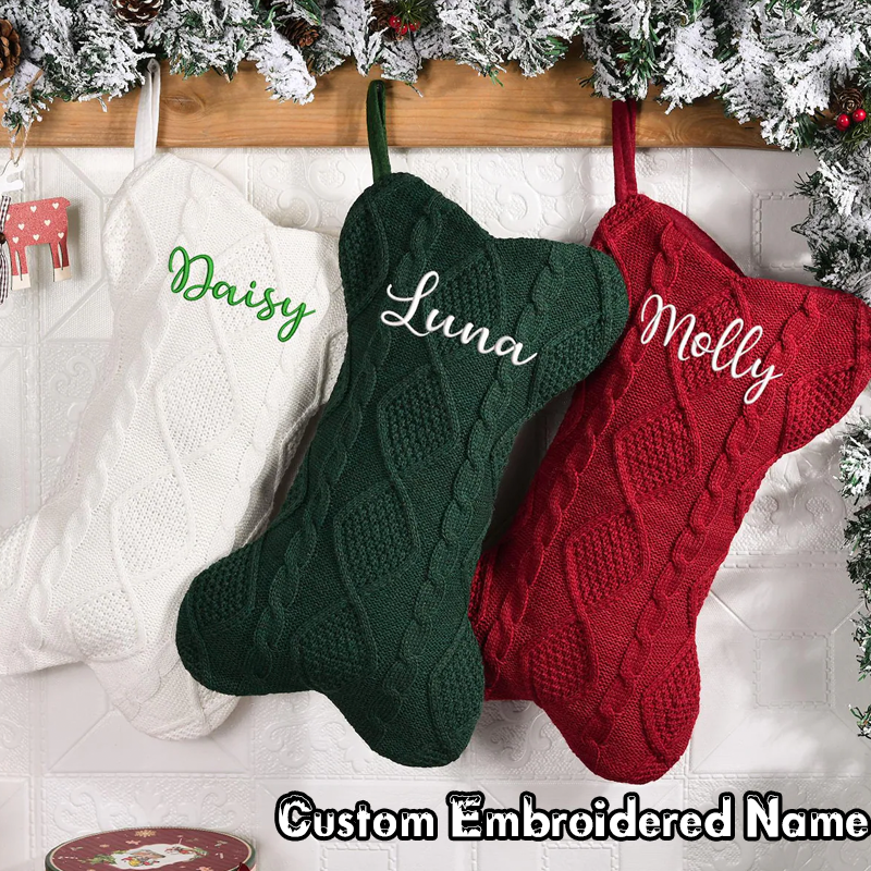 Personalised Embroidered Name Knit Christmas Stockings Knitted Bone Ornament Christmas Holiday Gifts