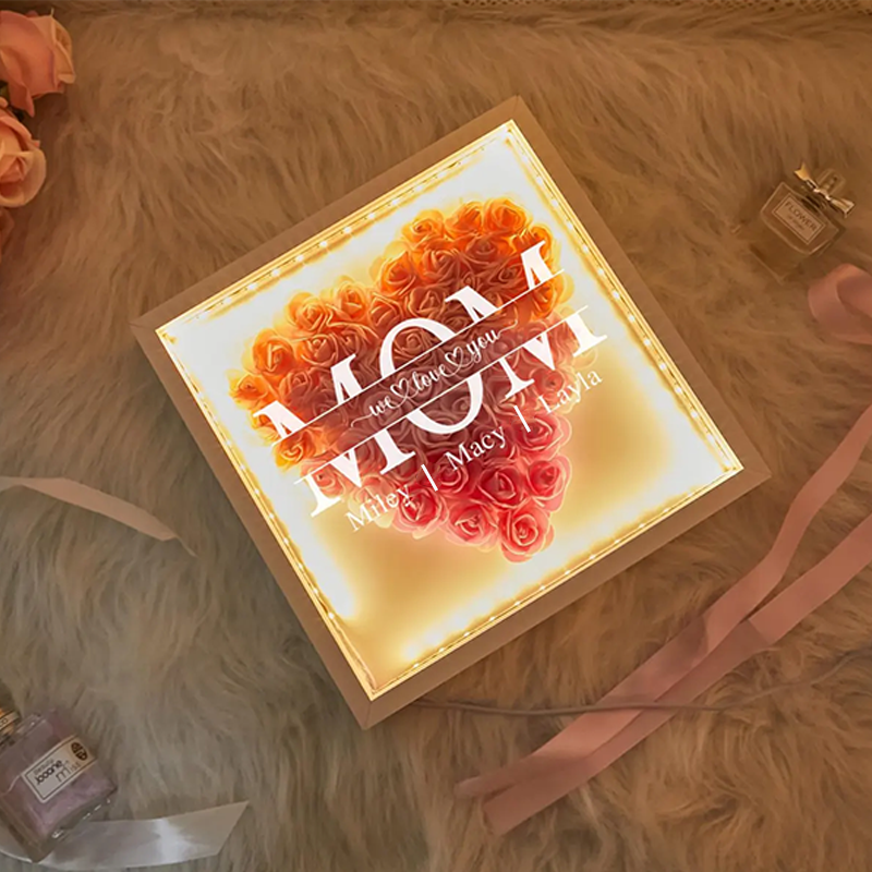 Personalised Mom Flower Shadow Box with Kids Name Custom Heart Rose Frame with LED Light Mother's Day Gift