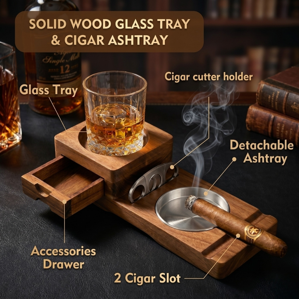 Personalised Cigar Ashtray Walnut Box Whiskey Glass Ashtray Cigar Holder Engraved Wood Gifts for Dad