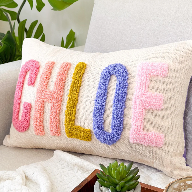 FINISHED Handmade Personalised Punch Needle Name Pillow Embroidered Pillow New Baby Gift Christmas Gifts