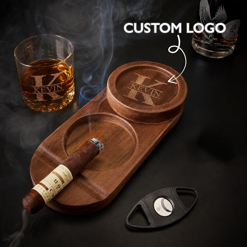 Personalised Cigar Ashtray Whiskey and Cigars Gift Engraved Wood Cigar Ashtray Fathers Day Gifts for Men