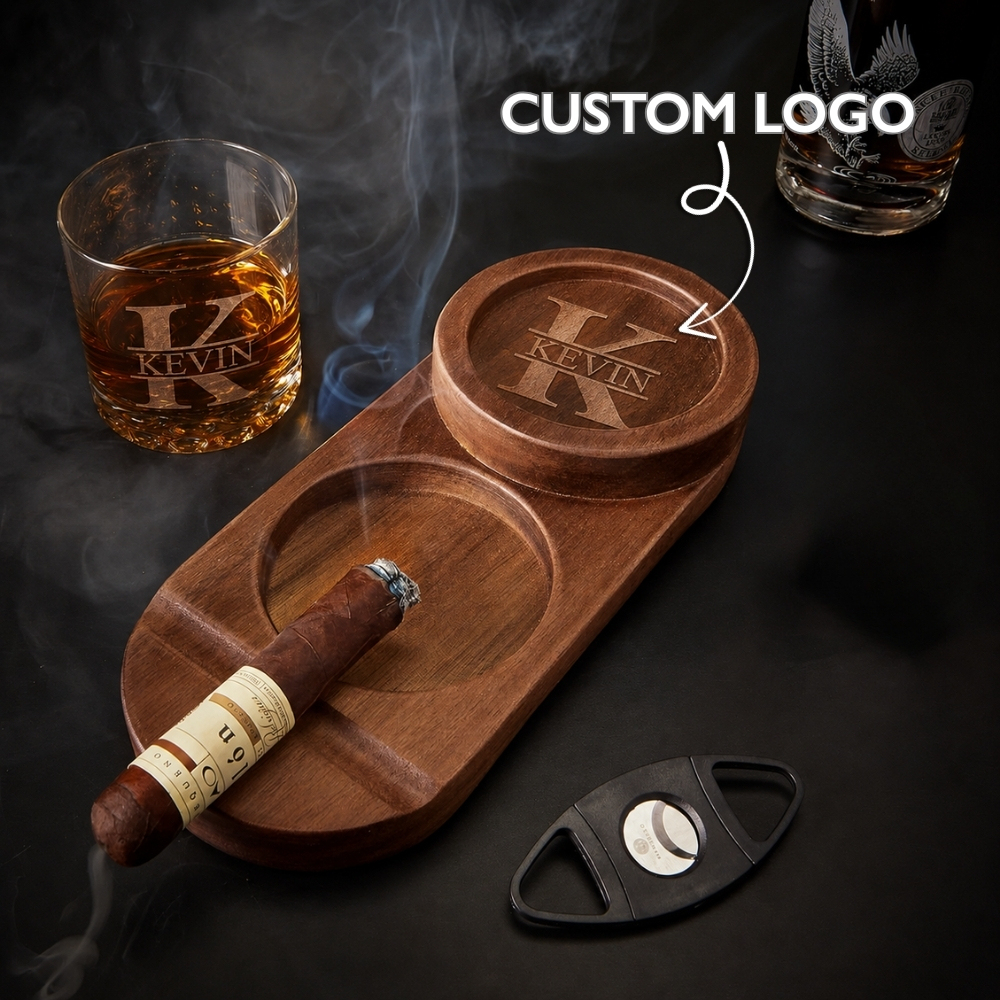 Personalised Cigar Ashtray Whiskey and Cigars Gift Engraved Wood Cigar Ashtray Fathers Day Gifts for Men