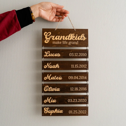 Personalised Wooden Name Sign Custom Grandkids Hanging Signs Engraved Family Name and Date Sign Personalised Gift for Grandparents