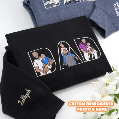 Custom Embroidered Portrait Photo Sweatshirt with Names on Sleeve Personalised Family Portrait Hoodie Gift for Dad Papa
