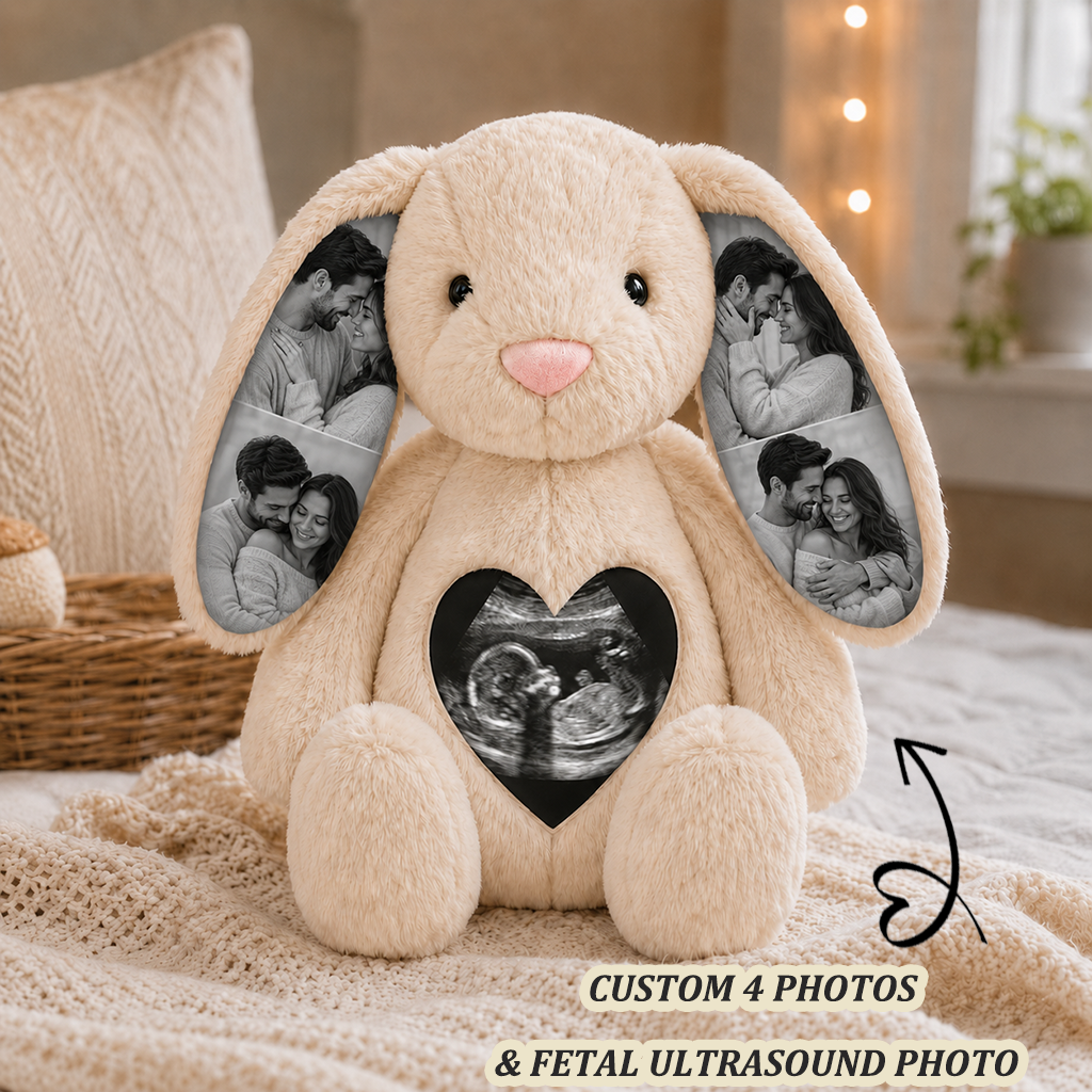 Custom Photo Bunny Plush with Fetal Ultrasound Heart Picture Pregnancy Announcement Gift for New Mothers