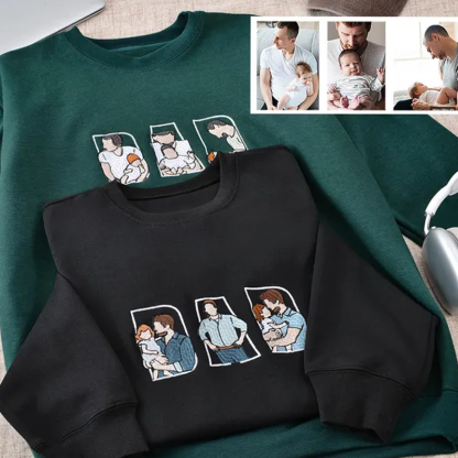 Custom Embroidered Portrait Photo Sweatshirt with Names on Sleeve Personalised Family Portrait Hoodie Gift for Dad Papa