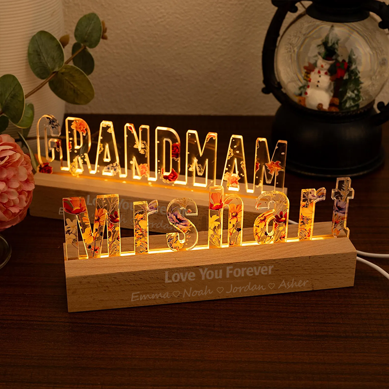 Personalised Name Night Light for Grandma Custom Text Acrylic Light Nana Flower 3D LED Floral Light Mothers Day Gifts