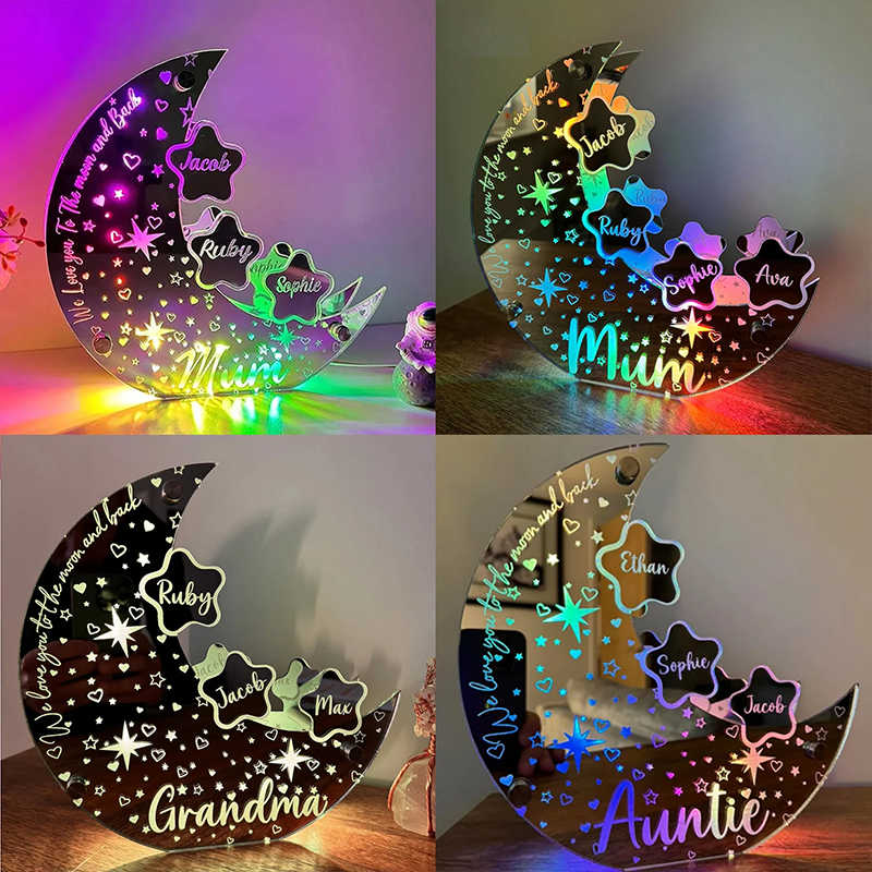 Personalised Acrylic Moon Sign Lamp for Mom Custom Moon Mirror Light Stars with Family Names Mother's Day Gift