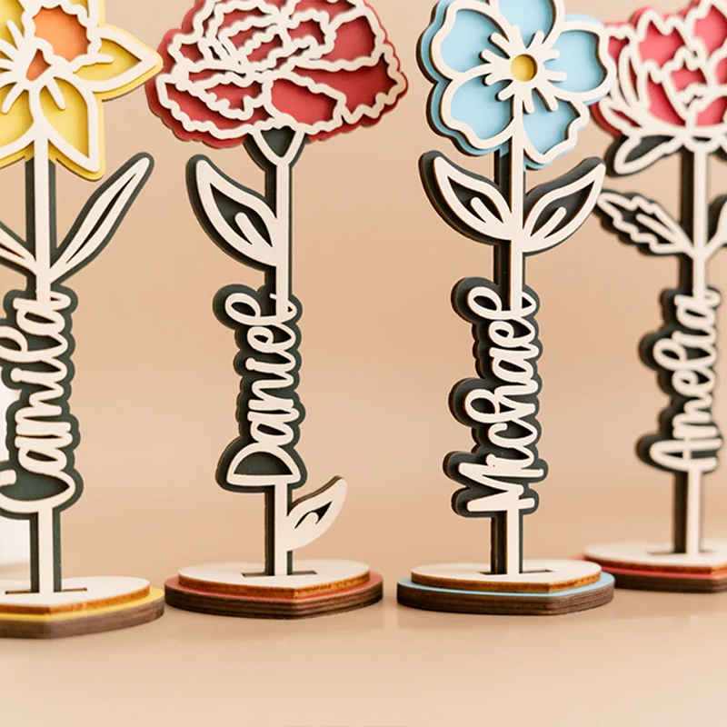 Personalised Wooden Rose Flower Name Stand Laser Cut Plywood Names & Birth Month Flowers Gifts for Mom