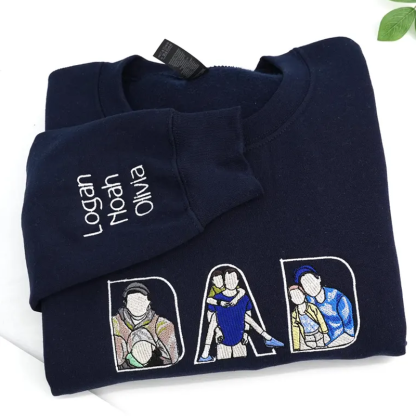 Custom Embroidered Portrait Photo Sweatshirt with Names on Sleeve Personalised Family Portrait Hoodie Gift for Dad Papa