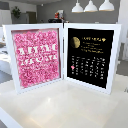 Custom Real Moon Phase Flower Shadow Box Personalised Names Mom We Love You Flower Frame Calendar Unique Gift for Mother