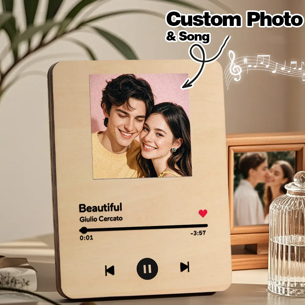 Personalised Photo and Song Wooden Frame Music Record Player Can Play Whole Song Wedding Anniversary Gift for Couples