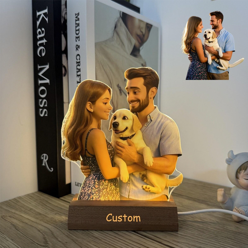 Personalised Pixar Inspired Cartoon Photo Portrait Photo Frame LED Night Lights with Base Engraved Couple Gifts