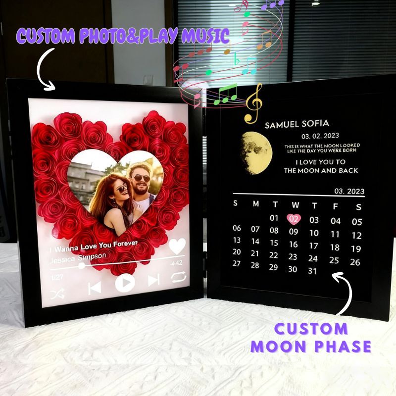 Personalised Photo Calendar Frame Custom Moon Phase Music Box Plays Music Anniversary Gift for Her