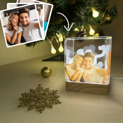 Custom Collage Photo Cube Night Light Box Lamp with Your Picture and Text Wooden Base Christmas Gifts