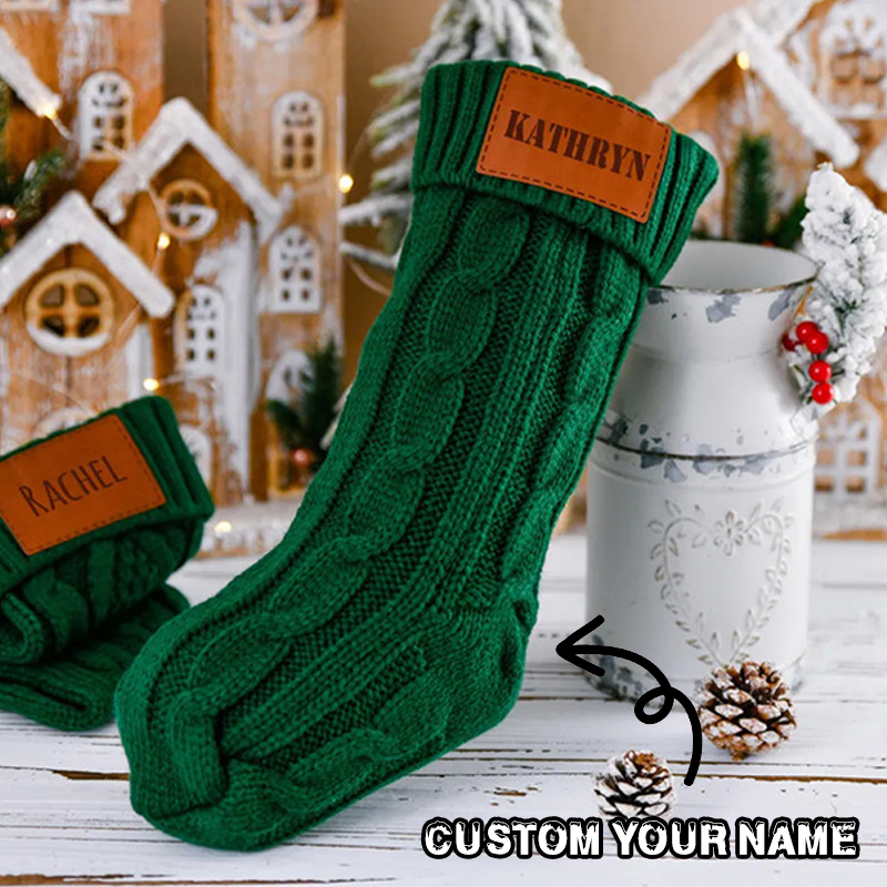 Personalised Name Leather Patch Christmas Sock Stockings Name Custom Knit Stockings Family Christmas Gifts