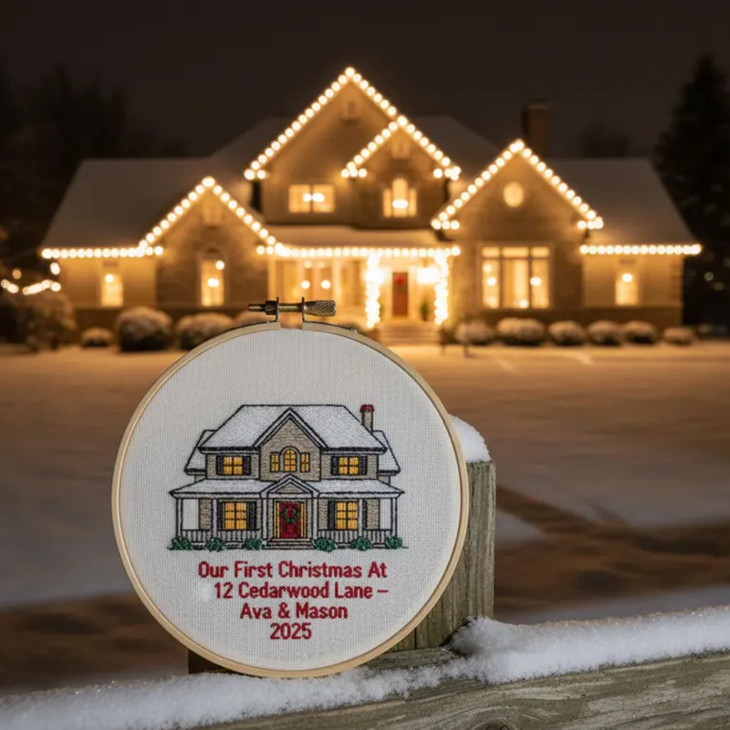 Custom House Embroidered Ornament First Christmas at New Home Gift Personalised Home Portrait and Address Embroidery Hoop Wedding or Housewarming Gift