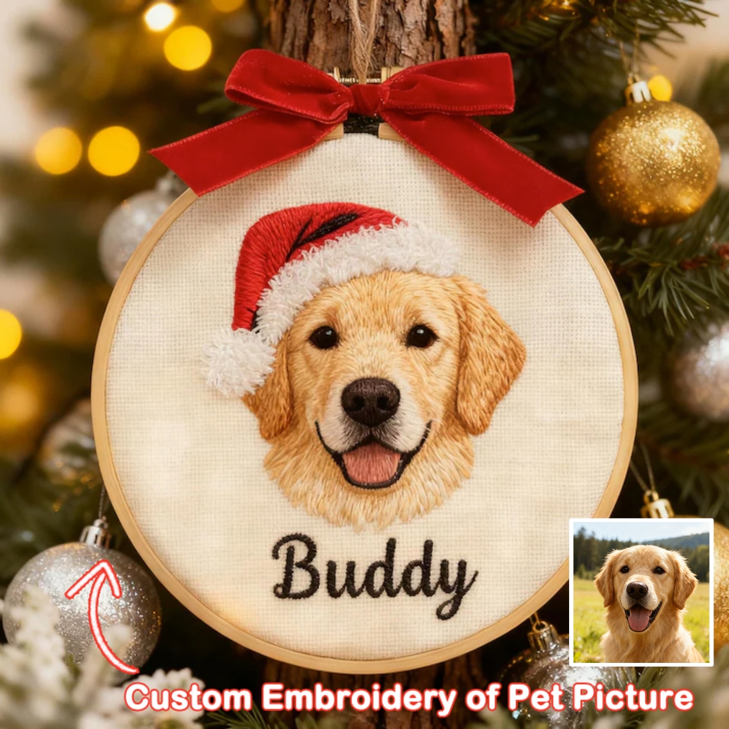 Custom Pet Portrait 3D Embroidered Ornament Personalised Dog&Cat Embroidery Ornament with Name Pet Memorial Gift Keepsake Gift Christmas Tree Decor