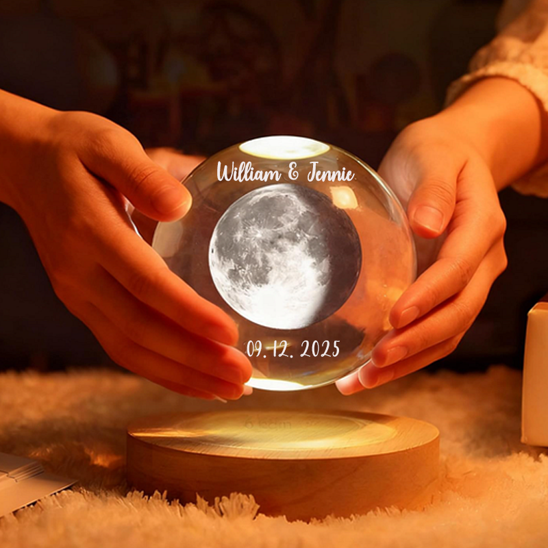 Personalised Moon Phase Crystal Ball Night Light Custom Laser Engraved Names and Date Valentines Day Gifts for Anniversary