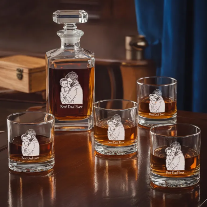 Custom Photo Etched Whiskey Decanter Set Personalised Laser Engraved Bourbon Bottle & Glasses Anniversary Gift for Him