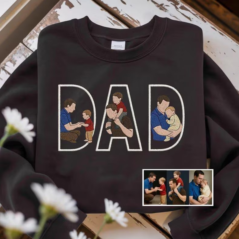 Custom Embroidered Portrait Photo Sweatshirt with Names on Sleeve Personalised Family Portrait Hoodie Gift for Dad Papa
