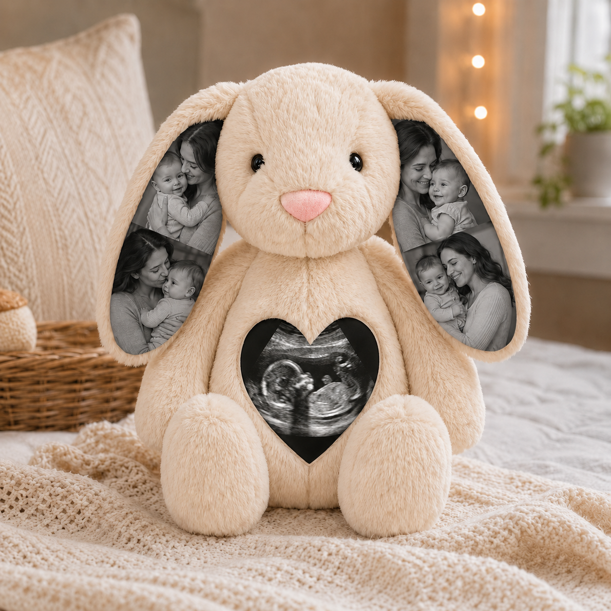 Custom Photo Bunny Plush with Fetal Ultrasound Heart Picture Pregnancy Announcement Gift for New Mothers
