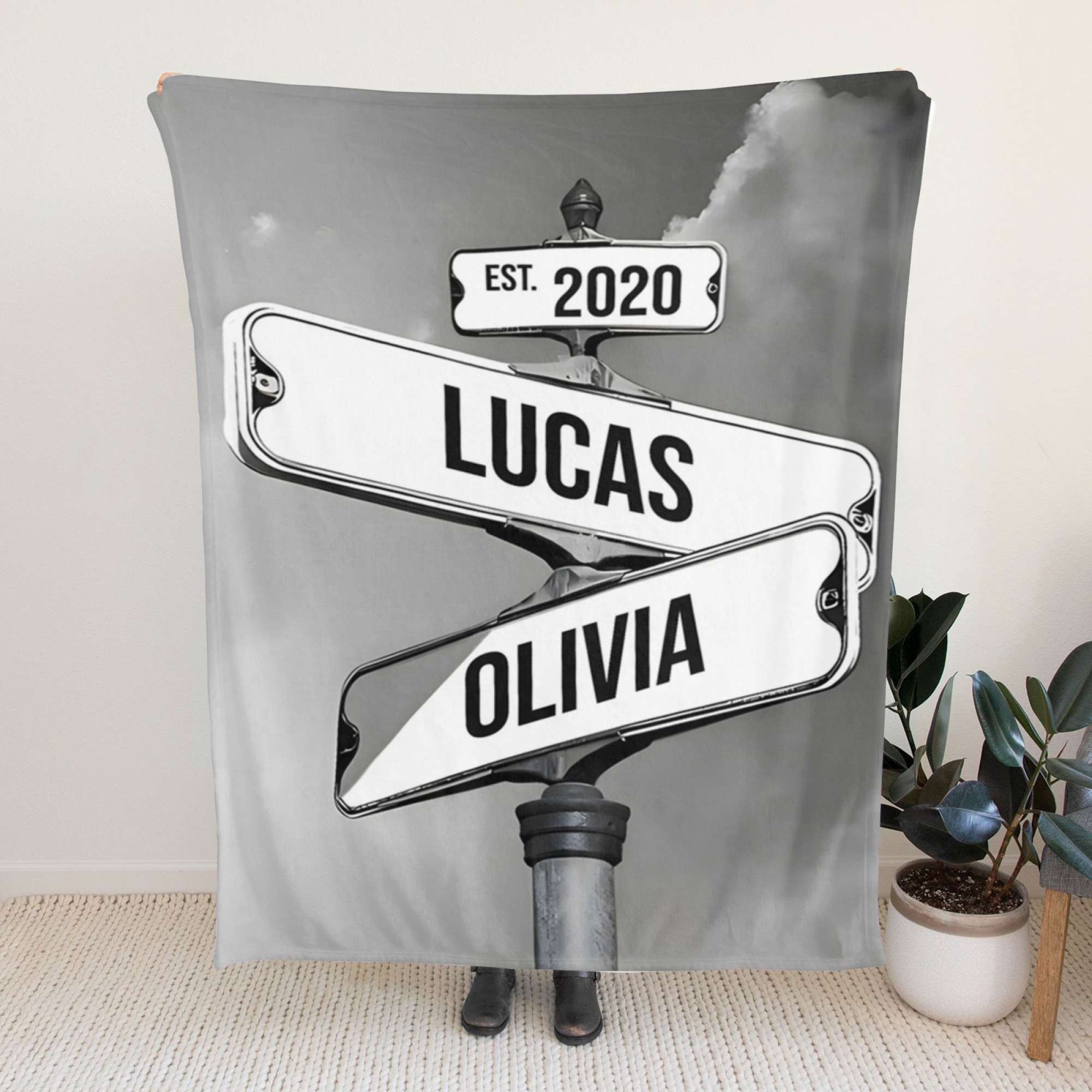 Personalised Blanket Family Names Date Of Birth Vintage Street Sign Custom Multi-Names Blanket Valentine's Day Gift