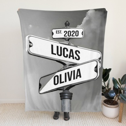 Personalised Blanket Family Names Date Of Birth Vintage Street Sign Custom Multi-Names Blanket Valentine's Day Gift