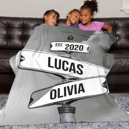 Personalised Blanket Family Names Date Of Birth Vintage Street Sign Custom Multi-Names Blanket Valentine's Day Gift
