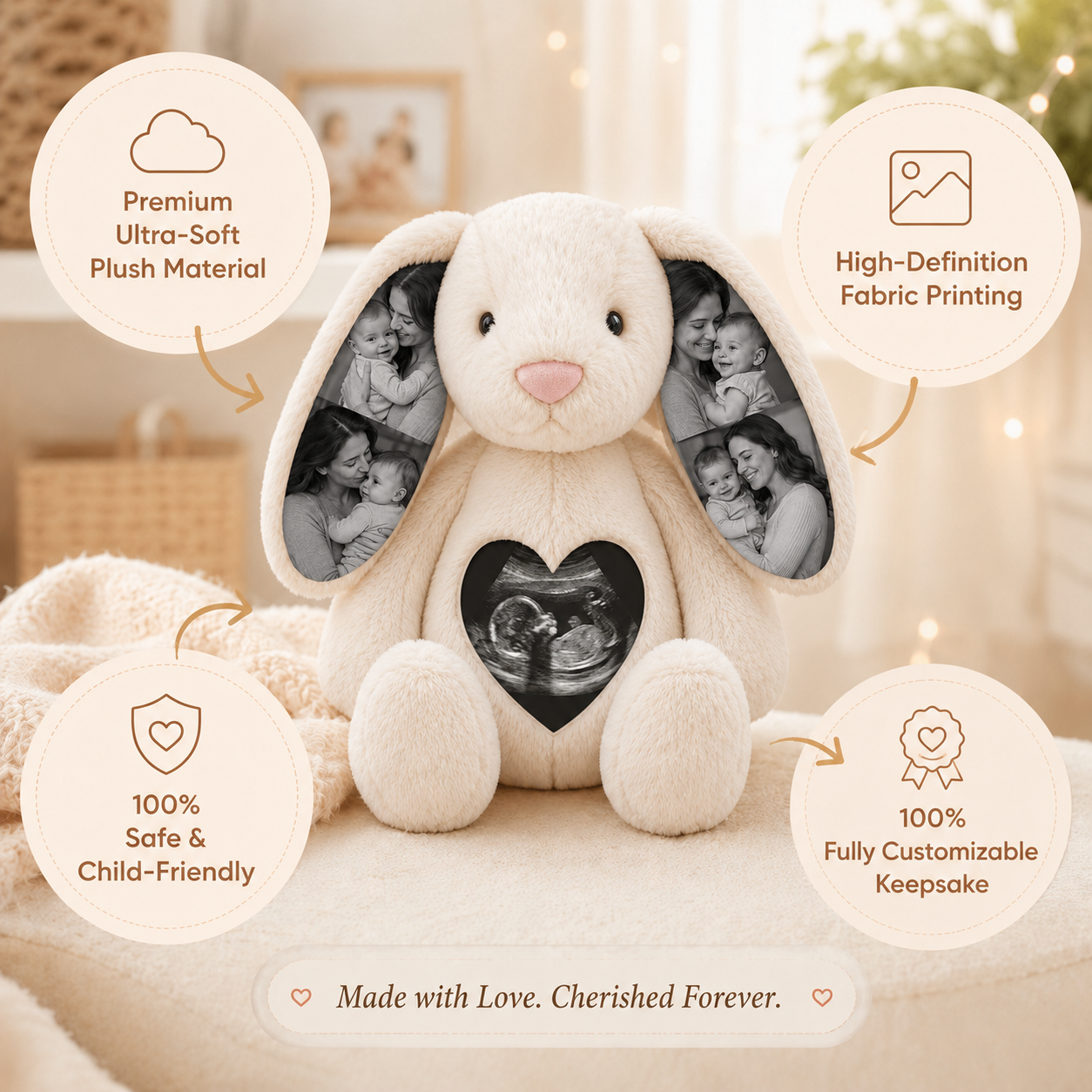 Custom Photo Bunny Plush with Fetal Ultrasound Heart Picture Pregnancy Announcement Gift for New Mothers