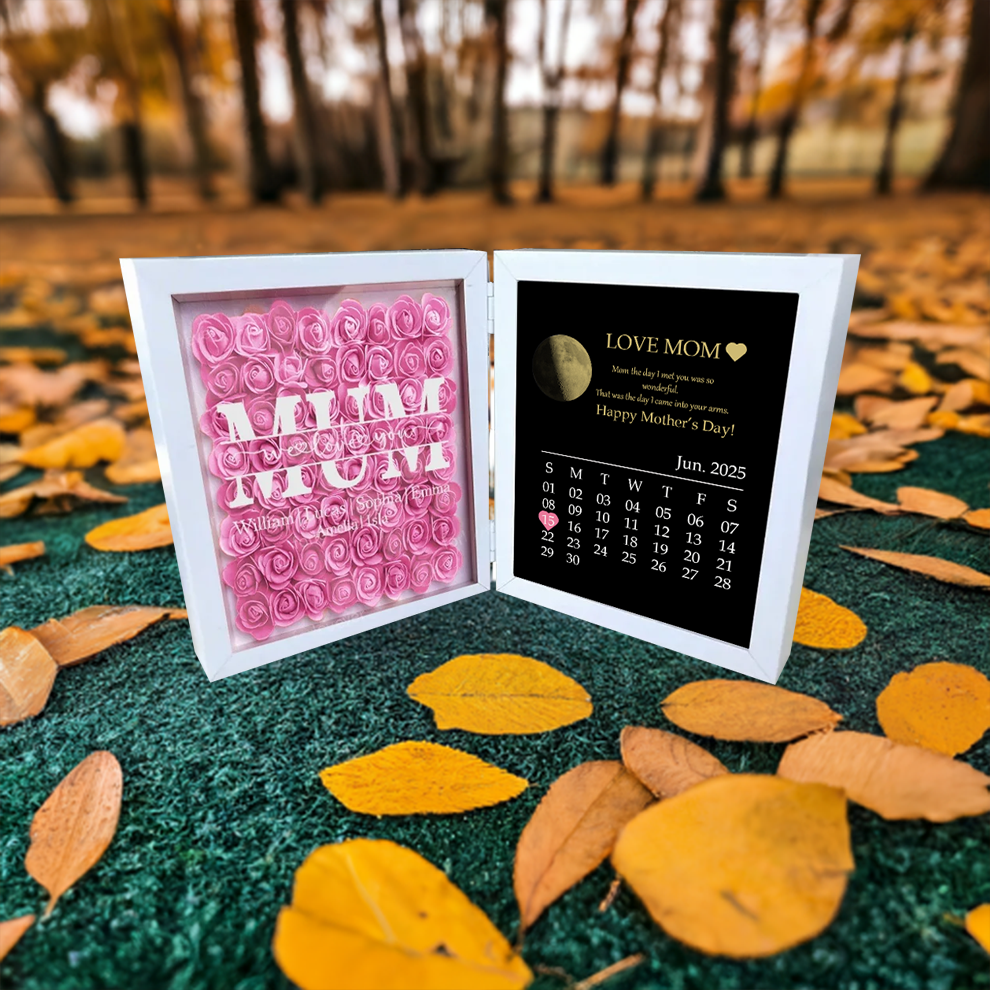 Custom Real Moon Phase Flower Shadow Box Personalised Names Mom We Love You Flower Frame Calendar Unique Gift for Mother