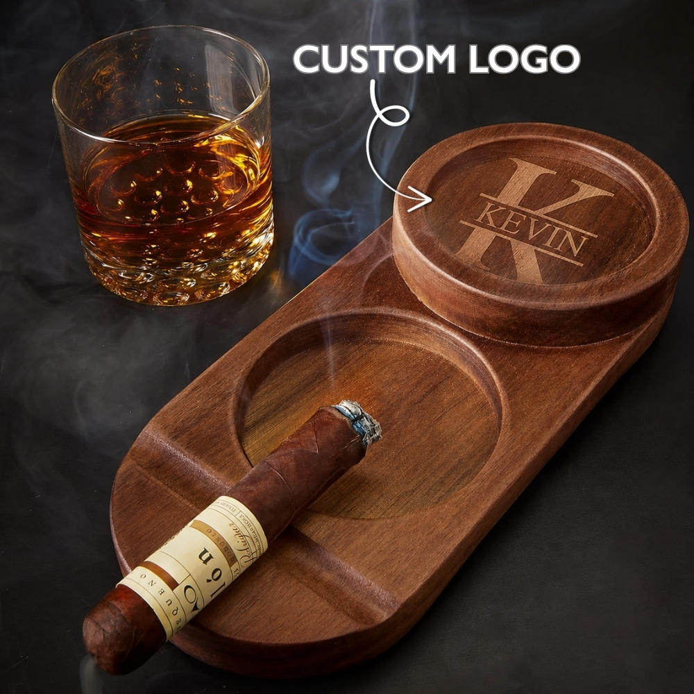 Personalised Cigar Ashtray Whiskey and Cigars Gift Engraved Wood Cigar Ashtray Fathers Day Gifts for Men