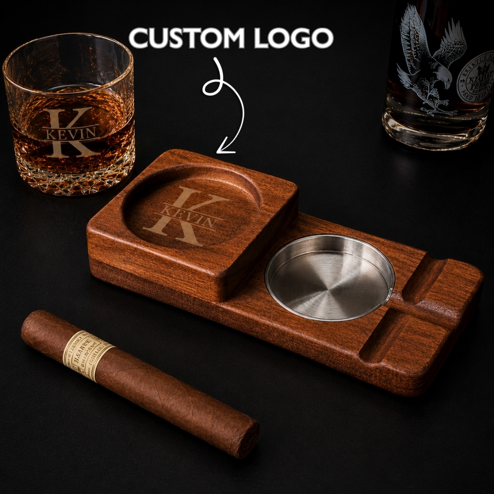 Personalised Cigar Ashtray Whiskey and Cigars Gift Engraved Wood Cigar Ashtray Fathers Day Gifts for Men