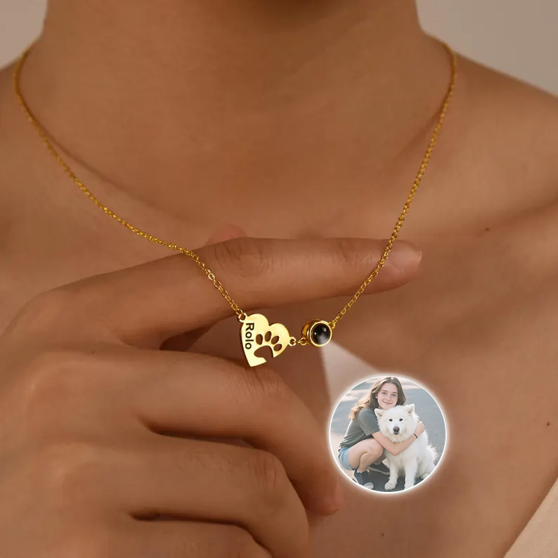 Paw Name Projection Necklace with Heart Projection Photo Necklace Customized Picture Inside Jewelry Pet Memorial Gift