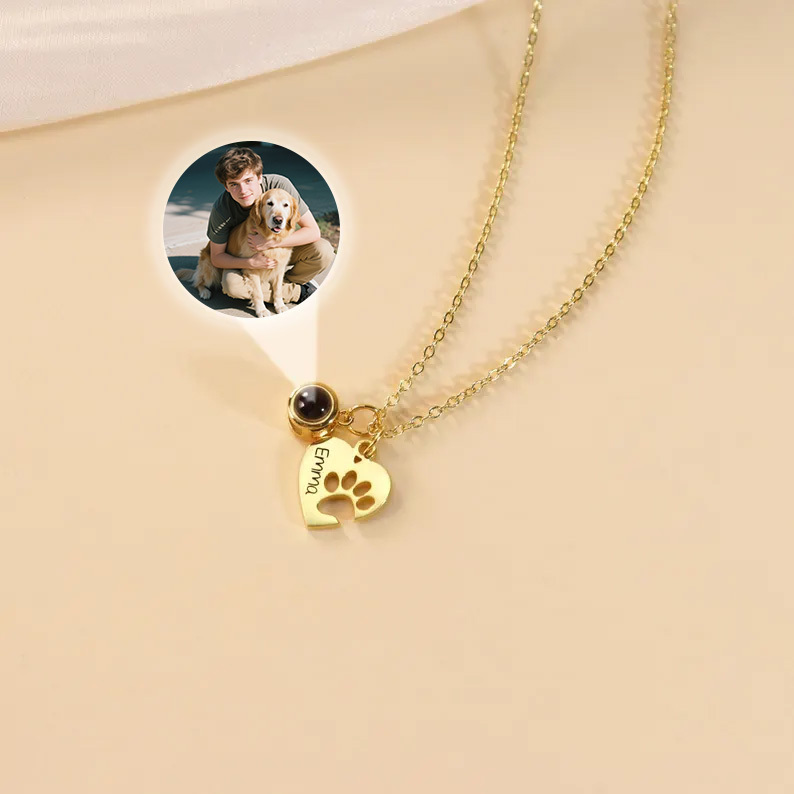 Paw Name Projection Necklace with Heart Projection Photo Necklace Customized Picture Inside Jewelry Pet Memorial Gift