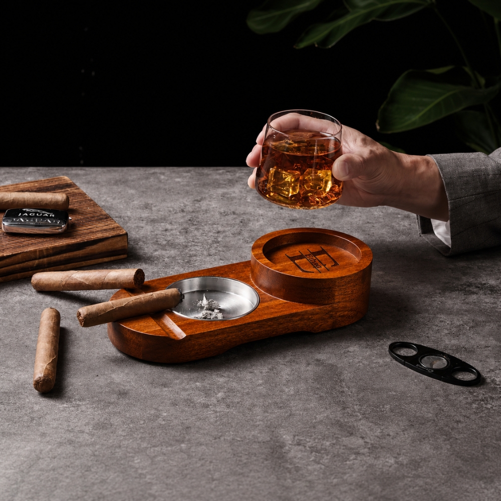Personalised Cigar Ashtray Whiskey and Cigars Gift Engraved Wood Cigar Ashtray Fathers Day Gifts for Men